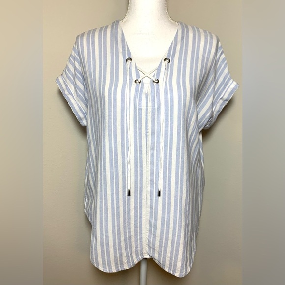 Rails Jeri Holland Top Women Baby Blue White Stripe Lace Up Short Sleeve Small - Picture 2 of 7